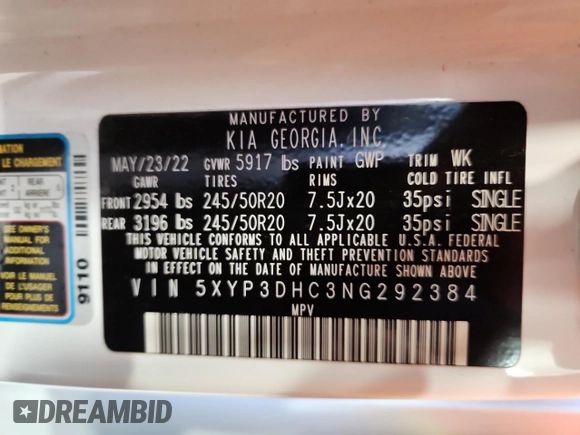 2022 Kia Telluride EX with VIN 5XYP3DHC3NG292384, listed as a Copart auction lot 59927785 with 49,105 mi miles and Salvage title. Bid and sale history available at DreamBid. Image 13.