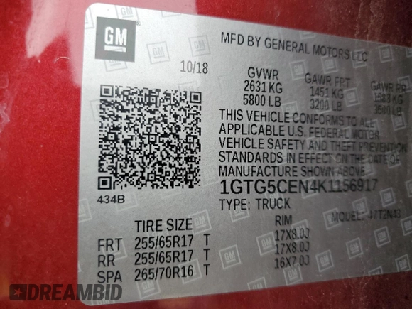 2019 GMC Canyon 2WD SLE with VIN 1GTG5CEN4K1156917, listed as a Copart auction lot 45966755 with 145,787 mi miles and Salvage Title. Bid and sale history available at carsss.com. Image 14.