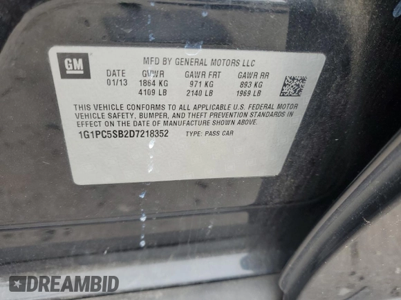 2013 Chevrolet Cruze 1LT with VIN 1G1PC5SB2D7218352, listed as a Copart auction lot 50035185 with 187,293 mi miles and Salvage Title. Bid and sale history available at carsss.com. Image 14.
