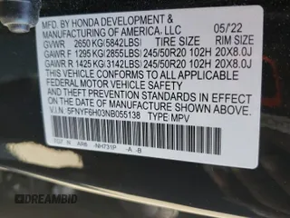 2022 Honda Pilot Elite z VIN 5FNYF6H03NB055138, wystawiony jako Copart lot #56964055 z przebiegiem 40 012 mil mil oraz Szkoda całkowita • Salvage title. Historia ofert i sprzedaży dostępna na DreamBid. Obrazek 13.