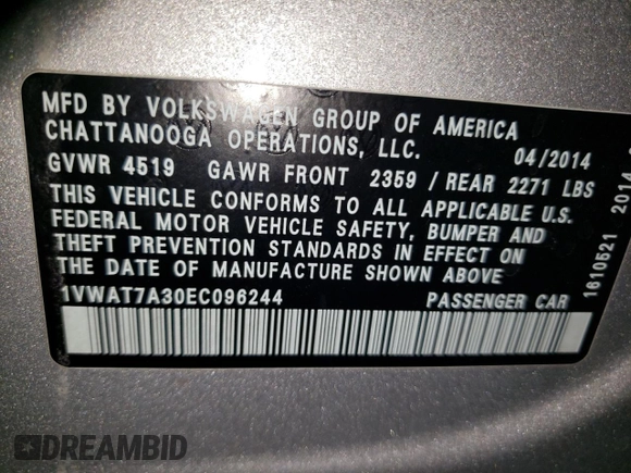 2014 Volkswagen Passat Wolfsburg Edition with VIN 1VWAT7A30EC096244, listed as a Copart auction lot 54097505 with 153,321 mi miles and Salvage title. Bid and sale history available at DreamBid. Image 12.