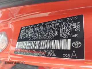 2012 Toyota Prius One with VIN JTDKDTB37C1003563, listed as a IAAI auction lot 41946923 with 125,636 mi miles. Bid and sale history available at carsss.com. Image 9.