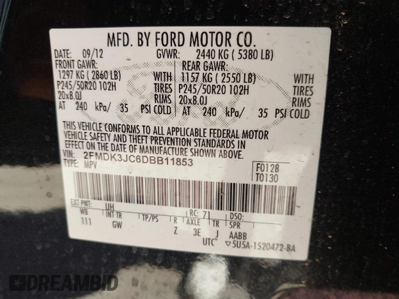 2013 Ford Edge SEL with VIN 2FMDK3JC6DBB11853, listed as a IAAI auction lot 41872649 with 178,811 mi miles. Bid and sale history available at carsss.com. Image 9.