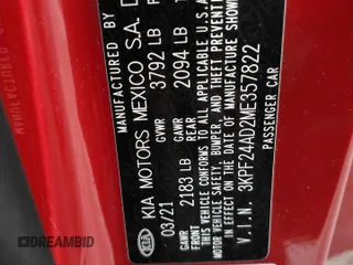 2021 Kia Forte LXS with VIN 3KPF24AD2ME357822, listed as a Copart auction lot 62790355 with 36,589 mi miles and Non repairable. Bid and sale history available at DreamBid. Image 12.