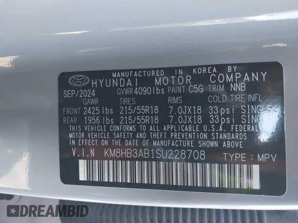 2025 Hyundai Kona SEL with VIN KM8HB3AB1SU228708, listed as a IAAI auction lot 41447697 with 632 mi miles and . Bid and sale history available at carsss.com. Image 9.