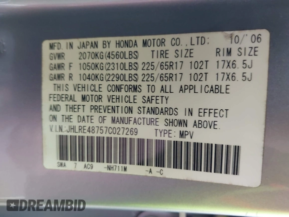 2007 Honda CR-V EX-L with VIN JHLRE48757C027269, listed as a IAAI auction lot 41987314 with 439,976 mi miles and . Bid and sale history available at carsss.com. Image 9.