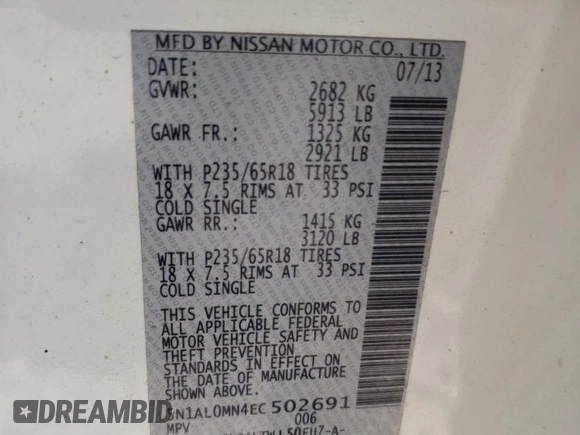 2014 Infiniti QX60 с VIN 5N1AL0MN4EC502691, выставлен на аукционе Copart как лот 63614155 с пробегом 141 065 миль миль и Списание • Salvage title. История ставок и продаж доступна на DreamBid. Изображение 13.