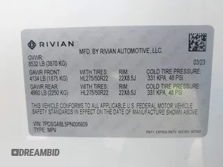 2023 Rivian R1S Launch Edition with VIN 7PDSGABL5PN006609, listed as a IAAI auction lot 41903200 with Not Provided miles. Bid and sale history available at carsss.com. Image 9.
