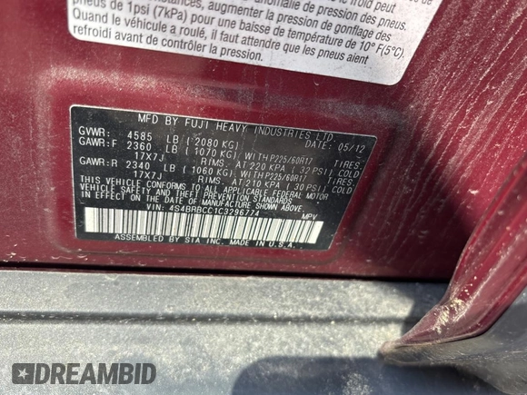 2012 Subaru Outback Prem with VIN 4S4BRBCC1C3296774, listed as a Copart auction lot 60992765 with Not provided miles and Clean title. Bid and sale history available at DreamBid. Image 10.
