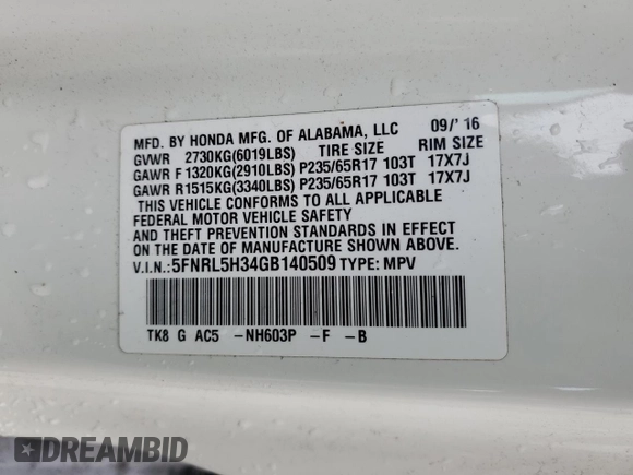 2016 Honda Odyssey SE with VIN 5FNRL5H34GB140509, listed as a Copart auction lot 51655735 with Not Provided miles and Salvage Title. Bid and sale history available at DreamBid. Image 14.