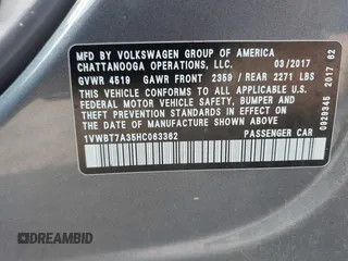 2017 Volkswagen Passat SE with VIN 1VWBT7A35HC063362, listed as a IAAI auction lot 42435453 with 76,341 mi miles and . Bid and sale history available at DreamBid. Image 9.