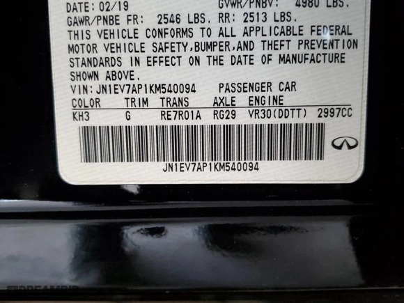 2019 Infiniti Q50 3.0t LUXE with VIN JN1EV7AP1KM540094, listed as a Copart auction lot 44002165 with 88,689 mi miles and Salvage Title. Bid and sale history available at carsss.com. Image 12.