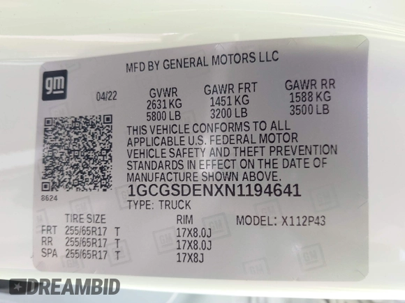2022 Chevrolet Colorado 2WD Z71 with VIN 1GCGSDENXN1194641, listed as a IAAI auction lot 42254087 with 39,979 mi miles and . Bid and sale history available at DreamBid. Image 9.