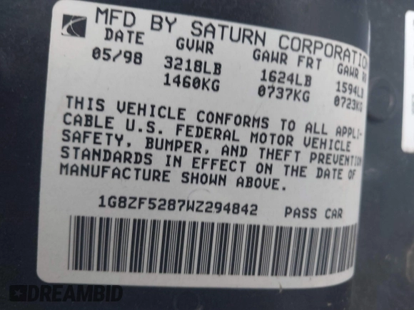 1998 Saturn SL with VIN 1G8ZF5287WZ294842, listed as a IAAI auction lot 41726012 with 170,385 mi miles. Bid and sale history available at carsss.com. Image 9.