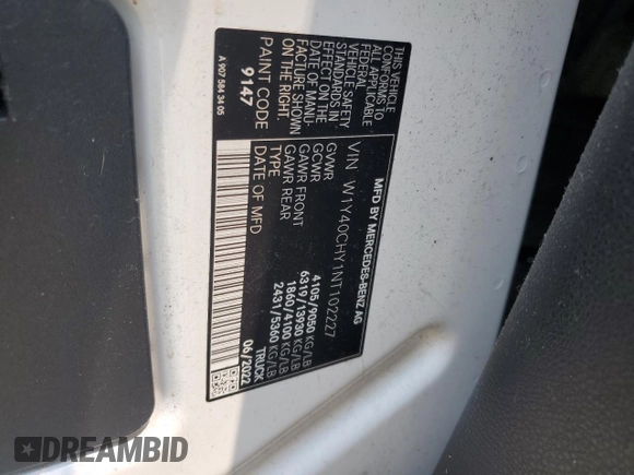 2022 Mercedes-Benz Sprinter Cargo with VIN W1Y40CHY1NT102227, listed as a Copart auction lot 64997704 with Not Provided miles and Salvage Title. Bid and sale history available at carsss.com. Image 16.