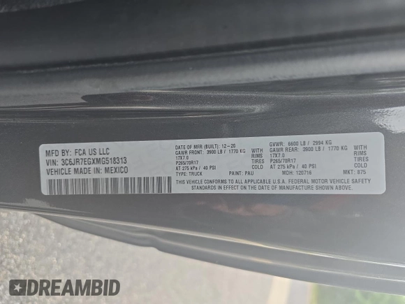 2021 Ram 1500 with VIN 3C6JR7EGXMG518313, listed as a Copart auction lot 61661925 with 194,873 mi miles and Clean title. Bid and sale history available at DreamBid. Image 10.