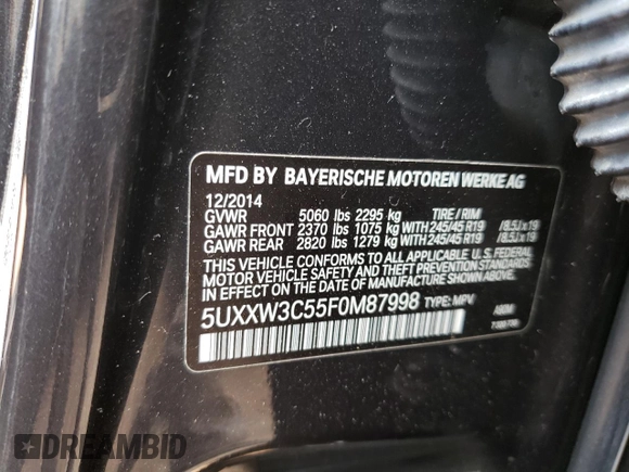 2015 BMW X4 xDrive28i with VIN 5UXXW3C55F0M87998, listed as a Copart auction lot 59693723 with 73,846 mi miles. Bid and sale history available at carsss.com. Image 13.