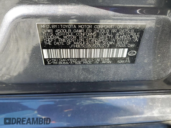 2012 Lexus IS 350 with VIN JTHBE5C28C5030213, listed as a Copart auction lot 82004624 with 97,987 mi miles and Salvage title. Bid and sale history available at DreamBid. Image 13.