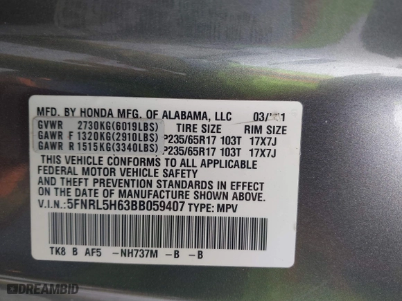 2011 Honda Odyssey EX-L with VIN 5FNRL5H63BB059407, listed as a IAAI auction lot 41922421 with 99,270 mi miles. Bid and sale history available at carsss.com. Image 9.