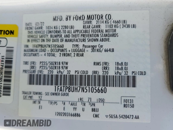 2022 Ford Mustang EcoBoost с VIN 1FATP8UH7N5105660, выставлен на аукционе Copart как лот 63577725 с пробегом 77 774 миль миль и Списание • Salvage title. История ставок и продаж доступна на DreamBid. Изображение 12.