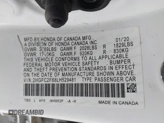 2020 Honda Civic LX with VIN 2HGFC2F68LH529481, listed as a IAAI auction lot 41163997 with Not Provided miles and . Bid and sale history available at DreamBid. Image 9.