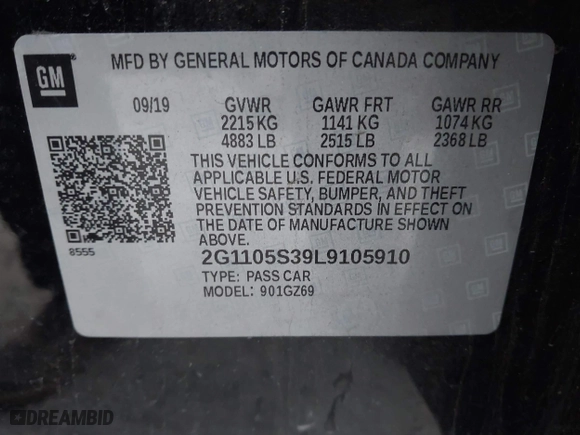 2020 Chevrolet Impala Premier with VIN 2G1105S39L9105910, listed as a IAAI auction lot 41151687 with 72,674 mi miles. Bid and sale history available at carsss.com. Image 9.