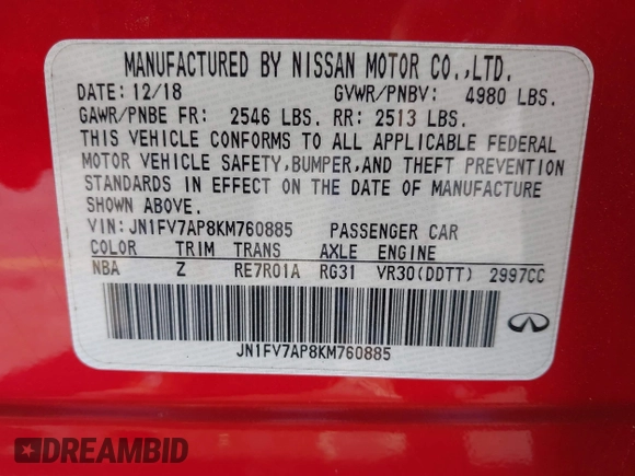 2019 Infiniti Q50 RED SPORT 400 with VIN JN1FV7AP8KM760885, listed as a IAAI auction lot 41794933 with 119,321 mi miles. Bid and sale history available at carsss.com. Image 9.