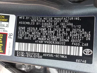 2012 Toyota Camry L with VIN 4T4BF1FK9CR266332, listed as a IAAI auction lot 42096660 with 106,150 mi miles. Bid and sale history available at carsss.com. Image 9.