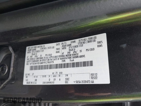 2015 Ford F-150 XLT с VIN 1FTEW1EG8FFC78375, выставлен на аукционе IAAI как лот 42329265 с пробегом 116 156 миль миль и . История ставок и продаж доступна на DreamBid. Изображение 9.