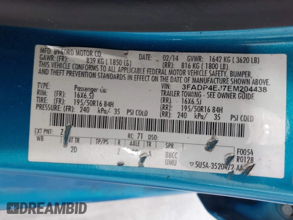 2014 Ford Fiesta SE with VIN 3FADP4EJ7EM204438, listed as a IAAI auction lot 42098291 with 184,930 mi miles and . Bid and sale history available at DreamBid. Image 9.