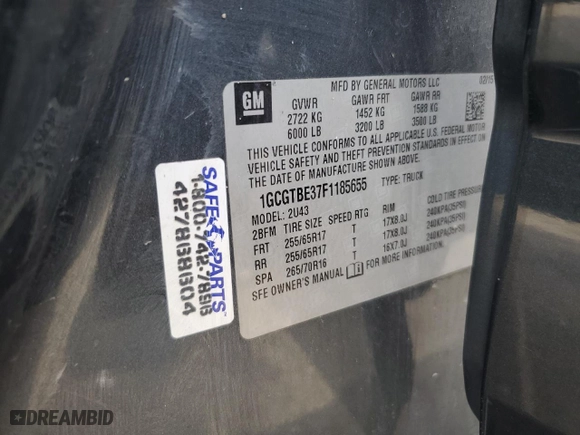 2015 Chevrolet Colorado 4WD LT with VIN 1GCGTBE37F1185655, listed as a Copart auction lot 50934445 with 100,125 mi miles and Salvage Title. Bid and sale history available at carsss.com. Image 12.