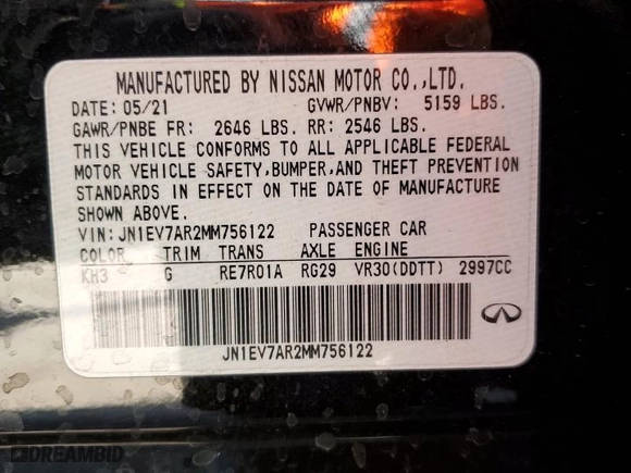 2021 Infiniti Q50 3.0t PURE with VIN JN1EV7AR2MM756122, listed as a Copart auction lot 47084145 with 70,566 mi miles and Salvage Title. Bid and sale history available at carsss.com. Image 14.