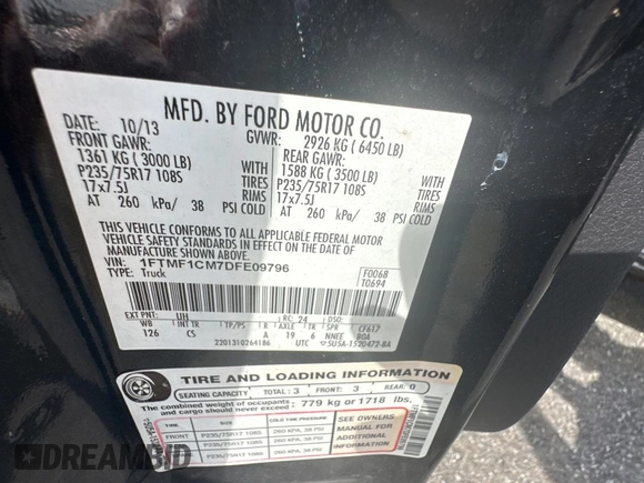 2013 Ford F-150 XL with VIN 1FTMF1CM7DFE09796, listed as a Copart auction lot 86871264 with 67,872 mi miles and Clean title. Bid and sale history available at DreamBid. Image 10.