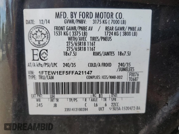 2015 Ford F-150 XLT z VIN 1FTEW1EF5FFA21147, wystawiony jako Copart lot #58524885 z przebiegiem 177 952 mil mil oraz Czysty tytuł • Clean title. Historia ofert i sprzedaży dostępna na DreamBid. Obrazek 12.