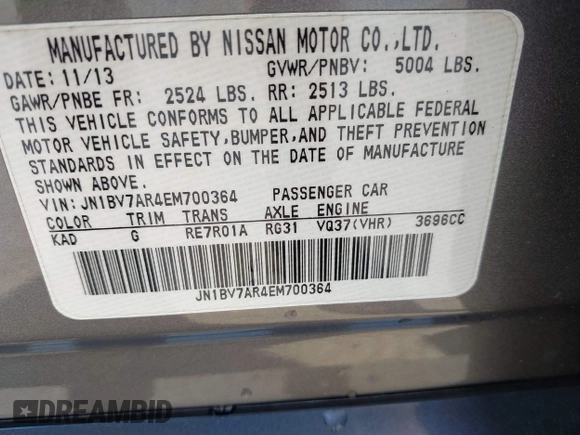 2014 Infiniti Q50 Premium with VIN JN1BV7AR4EM700364, listed as a IAAI auction lot 42032156 with 75,469 mi miles and . Bid and sale history available at DreamBid. Image 9.