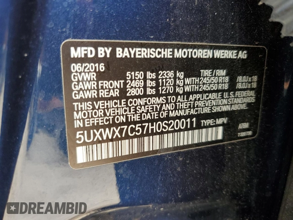2017 BMW X3 xDrive35i with VIN 5UXWX7C57H0S20011, listed as a Copart auction lot 50732285 with 36,894 mi miles and Clean Title. Bid and sale history available at DreamBid. Image 13.