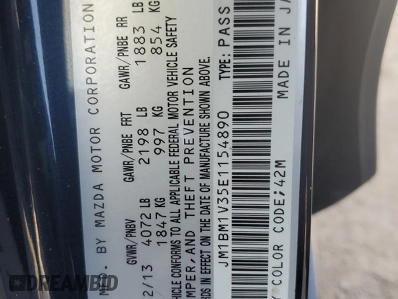 2014 Mazda 3 S Touring with VIN JM1BM1V35E1154890, listed as a Copart auction lot 42291245 with 93,749 mi miles and Salvage Title. Bid and sale history available at DreamBid. Image 12.