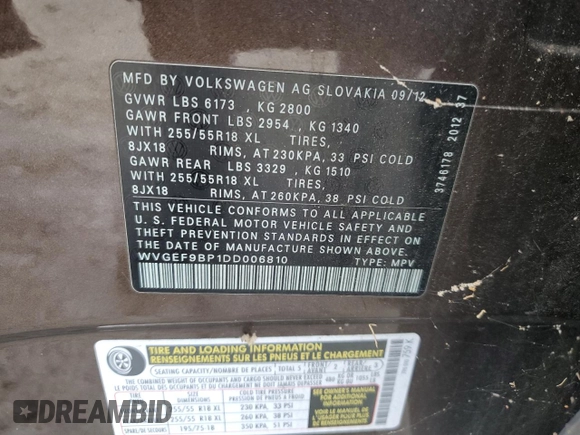 2013 Volkswagen Touareg Lux with VIN WVGEF9BP1DD006810, listed as a Copart auction lot 87906695 with 172,473 mi miles and Clean Title. Bid and sale history available at DreamBid. Image 13.