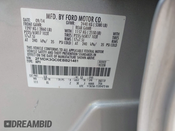 2014 Ford Edge SE with VIN 2FMDK3GC0EBB21481, listed as a IAAI auction lot 42680508 with 129,052 mi miles and . Bid and sale history available at DreamBid. Image 9.