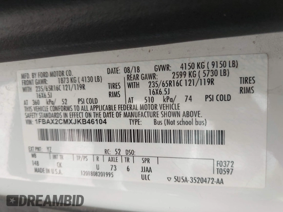 2018 Ford Transit Passenger XL with VIN 1FBAX2CMXJKB46104, listed as a IAAI auction lot 42263406 with Not provided miles and . Bid and sale history available at DreamBid. Image 9.