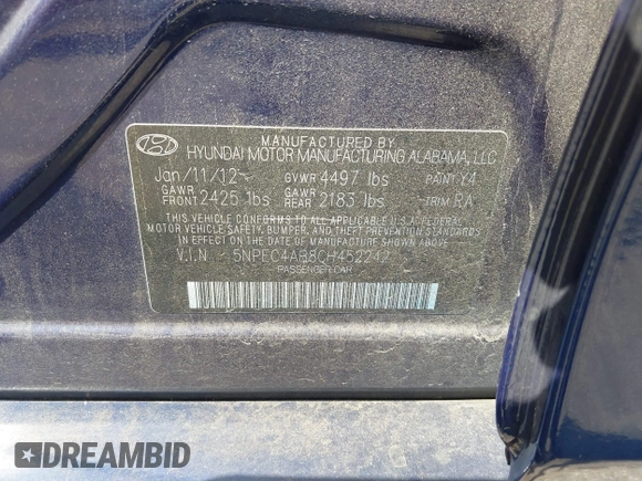 2012 Hyundai Sonata Limited with VIN 5NPEC4AB8CH452242, listed as a IAAI auction lot 41936932 with 136,540 mi miles and . Bid and sale history available at DreamBid. Image 9.