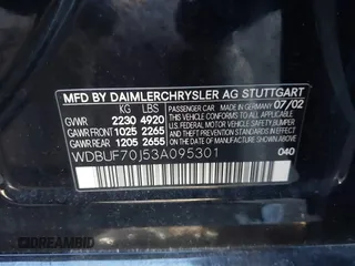 2003 Mercedes-Benz E 500 with VIN WDBUF70J53A095301, listed as a IAAI auction lot 41562876 with 184,517 mi miles and . Bid and sale history available at DreamBid. Image 9.