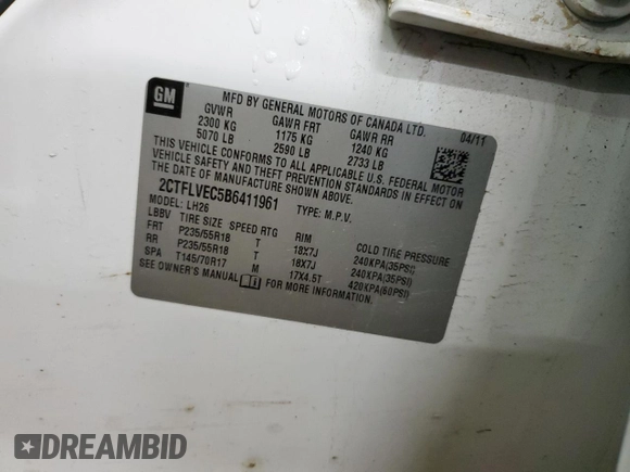 2011 GMC Terrain SLT-1 with VIN 2CTFLVEC5B6411961, listed as a Copart auction lot 56768105 with 163,684 mi miles and Salvage title. Bid and sale history available at DreamBid. Image 13.