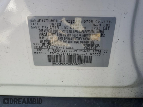 2023 Nissan Kicks SV with VIN 3N1CP5CVXPL565711, listed as a Copart auction lot 59587705 with Not provided miles and Salvage title. Bid and sale history available at DreamBid. Image 13.