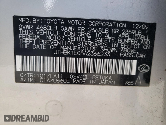 2010 Lexus ES 330 with VIN JTHBK1EG5A2366233, listed as a Copart auction lot 47377605 with 249,683 mi miles and Salvage Title. Bid and sale history available at DreamBid. Image 14.