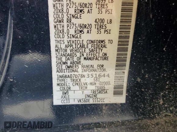 2008 Nissan Titan XE with VIN 1N6BA07D78N351644, listed as a Copart auction lot 46622105 with 130,770 mi miles and Salvage Title. Bid and sale history available at carsss.com. Image 13.