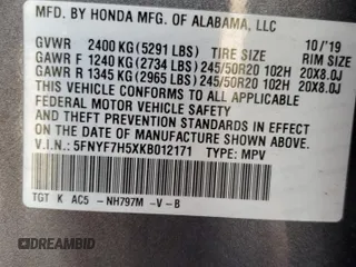 2019 Honda Passport EX-L with VIN 5FNYF7H5XKB012171, listed as a Copart auction lot 82822484 with 41,295 mi miles and Salvage Title. Bid and sale history available at carsss.com. Image 14.