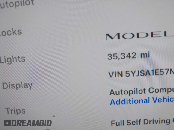 2022 Tesla Model S with VIN 5YJSA1E57NF483768, listed as a IAAI auction lot 41069339 with 35,342 mi miles and . Bid and sale history available at DreamBid. Image 15.