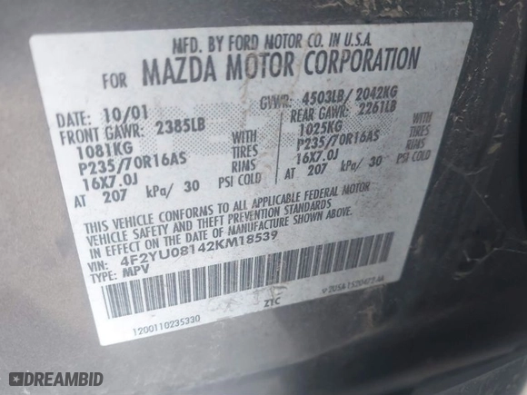 2002 Mazda Tribute LX with VIN 4F2YU08142KM18539, listed as a IAAI auction lot 41742104 with 230,254 mi miles. Bid and sale history available at carsss.com. Image 9.