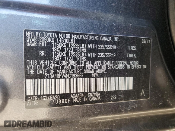 2021 Toyota RAV4 XLE Premium with VIN 2T3A1RFV4MC193667, listed as a Copart auction lot 48061175 with 19,845 mi miles and Salvage title. Bid and sale history available at DreamBid. Image 16.